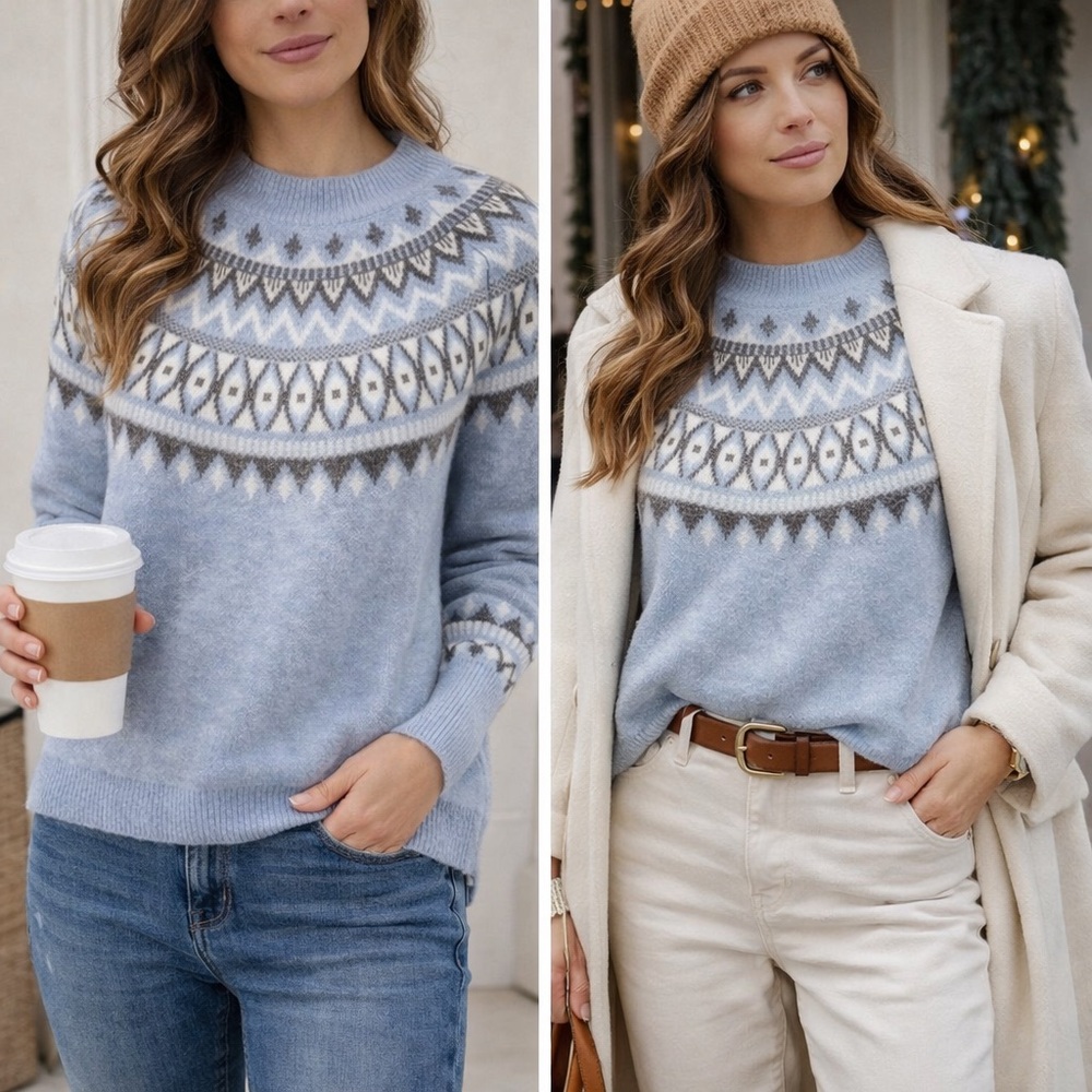Alfred Dunner Blue Fair Isle Crewneck Sweater